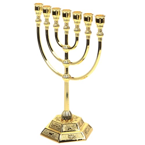 HAMPPLIES Genérico Candelabro Menorah De 7 Ramas Orificios Vintage Brazos Dorado Metal Adorno Religioso de Metal Candelabro para DecoracióN Hogar Y Ceremonias Vela Judía
