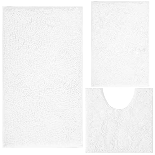 Image of White Bathroom Rugs Chenille 3-Piece Extra Soft and Absorbent Shag White Bath Mat, Machine Wash Mat, Strong PVC Non-Slip Underside, Plush Carpet Mats