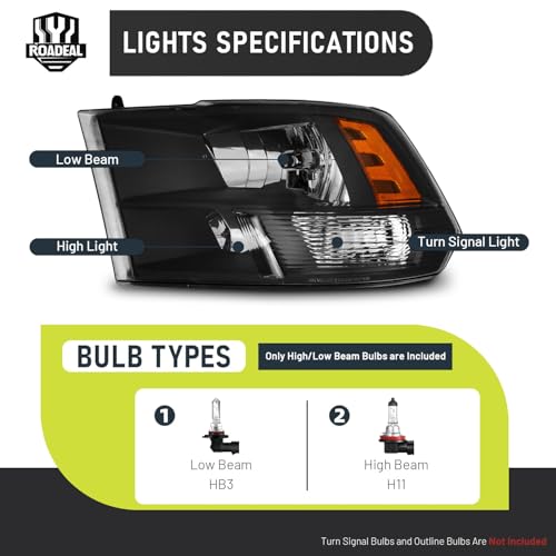 ROADEAL Headlights W/Bulbs for 2009-2018 Dodge Ram 1500/2010-2018 Dodge Ram 2500 3500 Quad Pickup (Not Fit Factory Projector Style) Driver & Passenger Side by ROADEAL - Used condition - Image 4