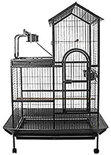 Extra Large Parrot Bird Wrought Iron Rolling Cage with Play Stand Perch Ground with Seed Guard (36" x 26" x 60"H, Green Vein)
