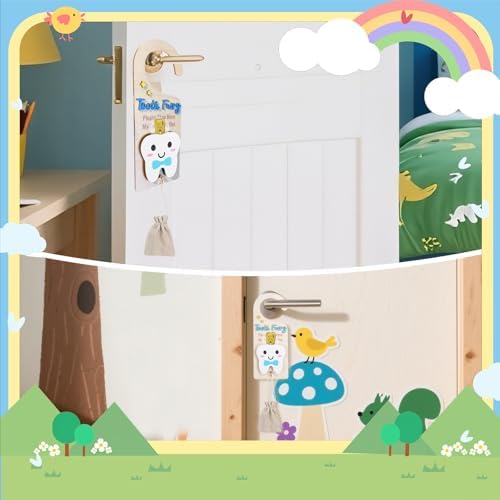 Tooth Fairy Tooth Holder，Tooth Fairy Door Hanger with Money Slot, Gold Coins and Cute Bags，Tooth Fairy Gifts for Girls Boys, First Milk Teeth Loss Tooth Fairy Pouch (Blue) — 사진 6