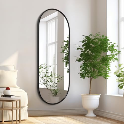 HLFMVWE Miroir mural ovale noir pleine longueur pour salle de bain, cadre en aluminium, miroir mural rectangulaire en forme de pilule pour vanité, salon, entrée 120 x 40 cm