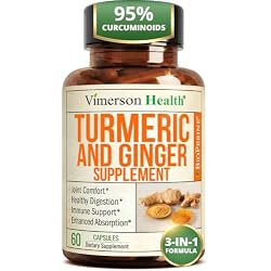 Turmeric and Ginger Supplement – Inflammation & Joint Support. 60 Capsules | 4:1 Ginger Extract, Tumeric Extract (95% curcuminoids) + Organic Turmeric Curcumin with Black Pepper for Maximum Absorption