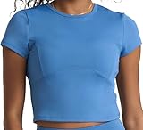 POPSUGAR Short Sleeve Athletic Tops for Women, Fitted Feminine Seamed Workout Shirts Breathable Gym Running Yoga Tshirts Blue Mist, Large