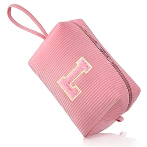 Makeup Bag, FUZVOL Small Cosmetic bag, Pink Corduroy Make Up Bag Organizer, Cute Preppy Stuff Personalized Gifts for Women,Travel Essentials Toiletry Bag,Small Makeup Pouch,Monogrammed Gifts, Letter L