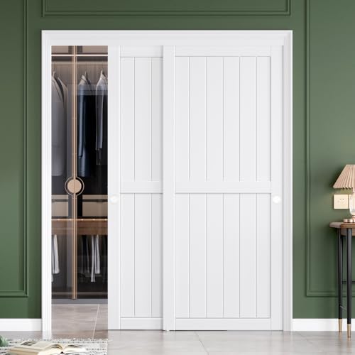 FREDBECK White Sliding Closet Door 64x80(Double 33inch) Bypass Door H Frame