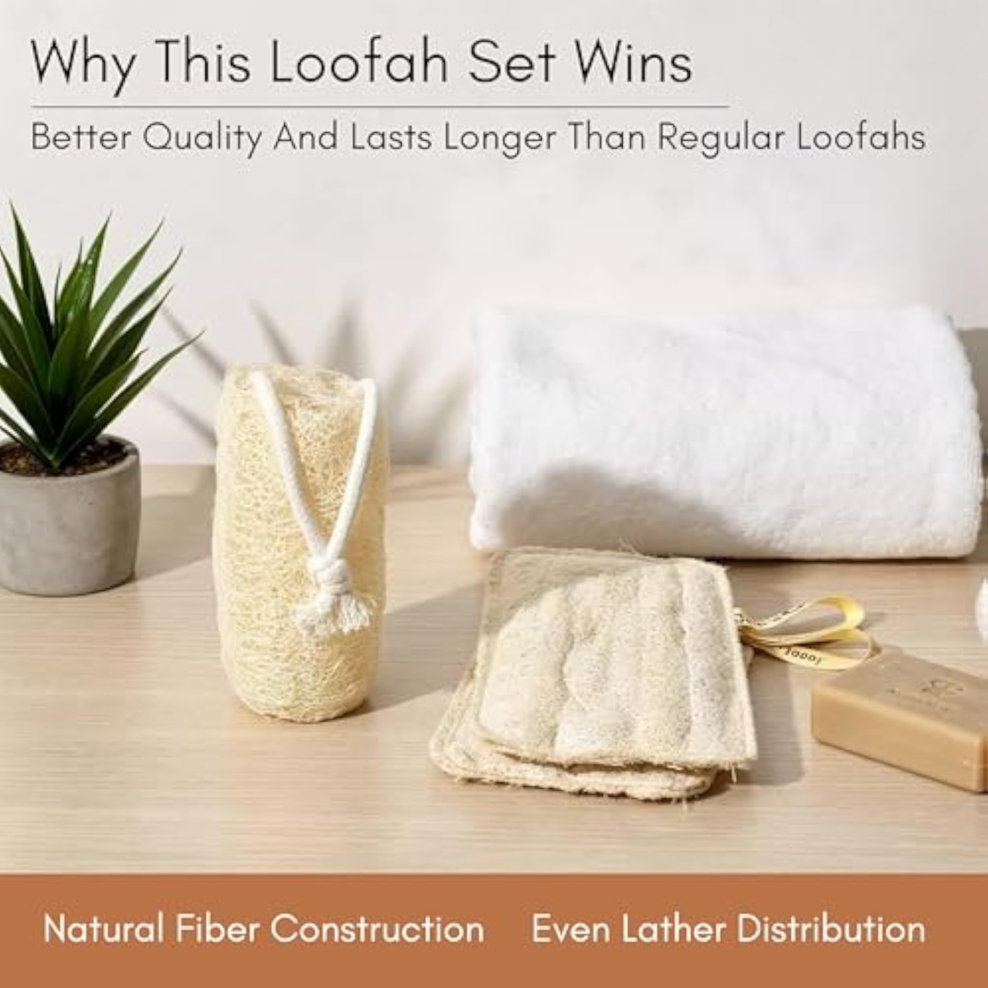 Natural Loofah Bath Sponge Set, 3 Pieces for Exfoliation