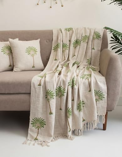 Image of Handwoven Cotton Sofa Throw Blanket with 2 pcs Cushion Covers Lightweight Decorative Couch & Bed Throw (Pack of 3, Green Palm Tree)