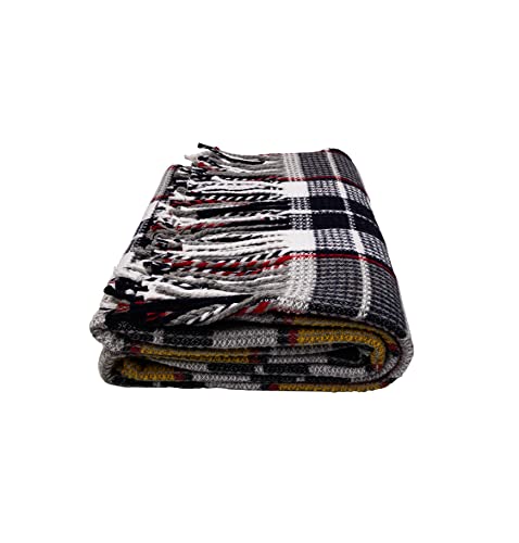 GLAESER Manta Fair Deluxe Cotton All Seasons de lana de 50% algodón, 30% poliéster y 20% acrílico, manta para sofá o sofá, manta con flecos (cuadros amarillos/negros)