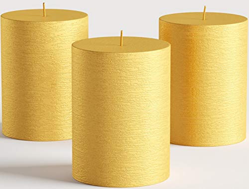Melt Candle Company Stumpenkerze, goldfarben, metallisch, 7,5 x 10 cm, geruchlos, handgegossen, für Hochzeiten, Heimdekoration, Entspannung, Spa, rauchfreier Baumwolldocht, 3 Stück Cover