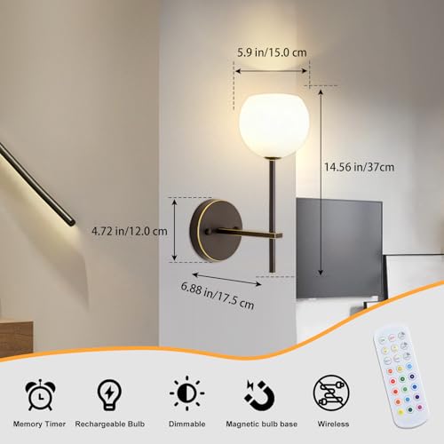 Image of Brown Gold Battery Operated Wall Sconces Set of 2, Rechargeable Wireless Wall Lights with Milky White Frosted Glass, 12 RGB and 3CCT Dimmable, Wall Lamps with Remote for Bedroom Living Room Hallway
