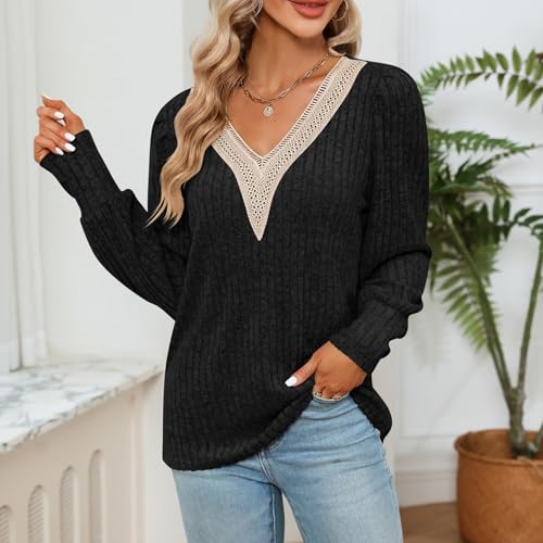 Blusa de Renda Com Decote Em V Feminino Solto Ajuste Com Nervuras de Malha Pulôver Casual Elegante S