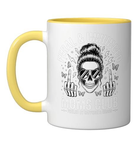 Feral Unhinged Moms Club Fueled By Caffeine And Chaos Ceramic Mug, Yellow/White