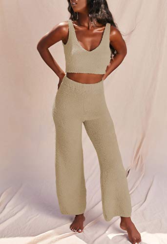 Pink Wind Women Fuzzy 3 Piece Sweatsuit Open Front Cardigan Sleeveless Crop Top Long Pants Casual Warm Outfits Set Camel M #TOP3