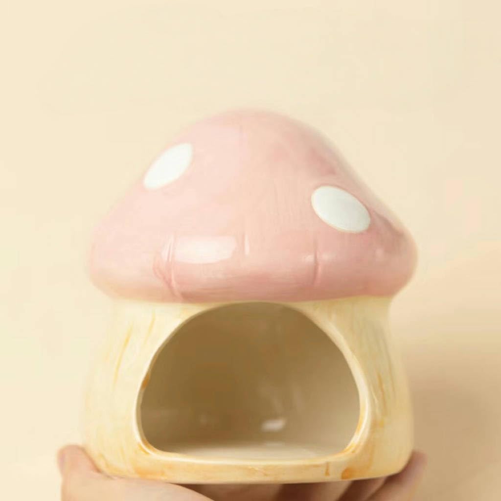 Pink Ceramic Mushroom Hamster Habitat Set - Includes Mushroom-Shaped Hideout, 80ml Water Bottle with Holder, and Food Dish - Adorable 4-Piece Accessory Kit for Small Pets