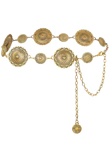 Image of FIORETTO Western Waist Chain Belt Metal Concho Belt for Women Cowgirl Cowboy Boho Country Belt for Dress Jean