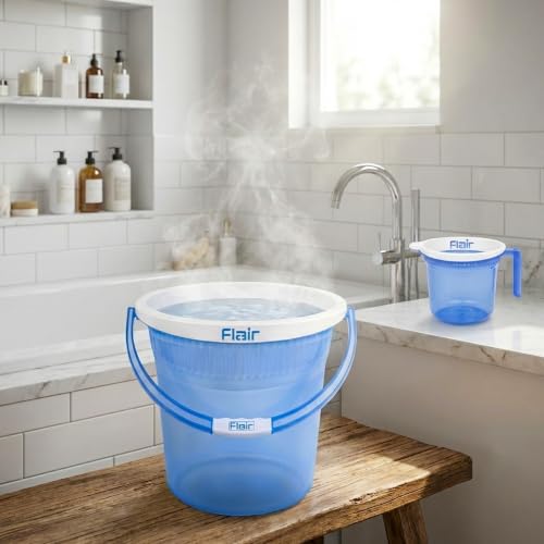 Image of FLAIR Estella Crystal Bathroom Essentials Set | 24L Plastic Bucket with 1.5L Mug | Transparent Blue | Premium Virgin Plastic, Durable & Multipurpose (T.Blue, 24 Bucket + 1.5 Mug LTR)