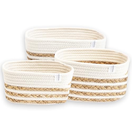 NORDIS DESIGN Aufbewahrungskörbe 3er Set aus Wasserhyazinthe und Baumwolle, Bad Aufbewahrungskorb geflochten als Badkorb zur Badezimmer Aufbewahrung & Bad Organisation weiss-natur swirl