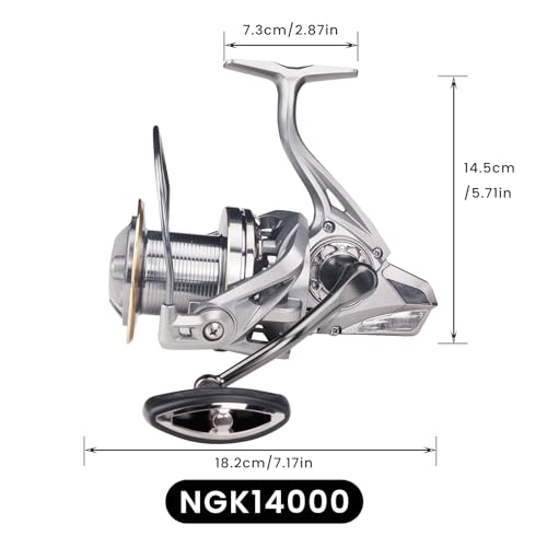 HAUT TON Spinning Reel 8000/9000/10000/12000/14000,6+1BB Metal Surf Fishing Reels,4.8:1 Gear Ratio 55lbs Drag Heavy Long Casting Inshore Saltwater Monster Fish (HT-NGK, 14000)