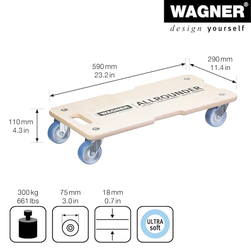 WAGNER Transportroller Transporthilfe I Schichtholz 59 x 29 x 11 cm, Tragkraft 300 kg I Möbelroller für Umzüge I Schwerlastrollbrett mit Soften Rollen I Griffmulden & Tragegriff I FSC® I Made in DE