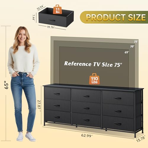 63''W Black TV Stand for 65, 70, 75 inch TV, Large Entertainment Center with 9 Fabric Drawer, TV Media Console Table with Wood Top, Adjustable Feet for Living Room, Hallway - Image 4
