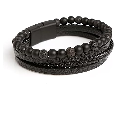 Joxevyia Leather Bracelet for Men 4 Layers Stone Beaded Bracelet Natural Stone Leather Braided Wristband Relief Bracelets Gift for Dad Boyfriend Cover