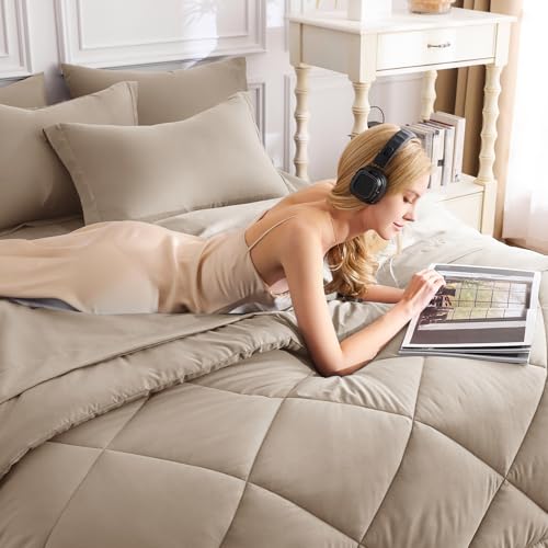 CozyLux Full Size Comforter Sets Khaki - 7 Pieces Bed in a Bag Full, Luxury Soft Bed Set for All Seasons, Bedding Set with Down Alternative Comforter, Sheets, Pillowcases & Shams