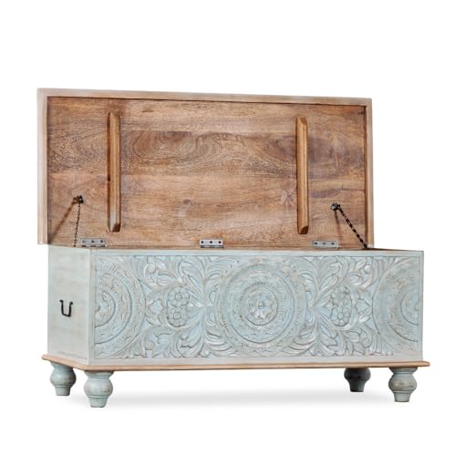 Image of Natura Solid Wood Coffee Table for Living Room Wooden Trunk Box for Storage | Handcrafted Center Table for Living Room with Sandook Storage | Pitara for Home & Bedroom (Light Blue Distress)