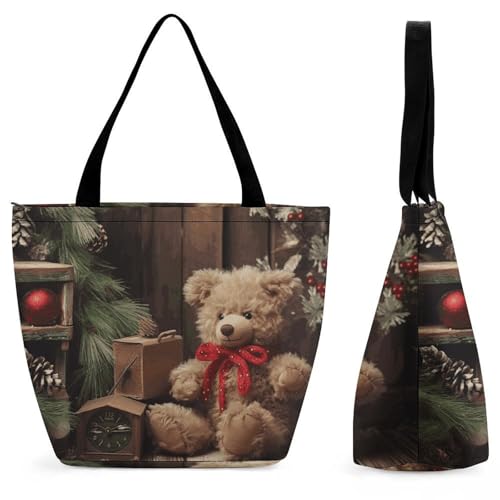 Sac fourre-tout réutilisable femme avec ours et branches de Noël