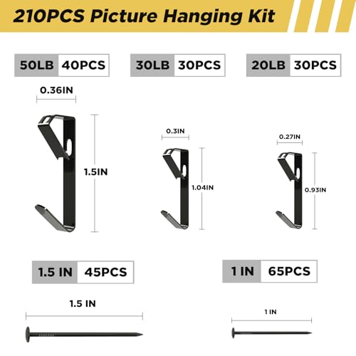 Image of Picture Hanging Hooks 210 Pieces,20lb, 30lb, and 50lb Picture Hangers ,Nails Hanging Kit, Metal Picture Hangers for Drywall Wooden Wall,Black