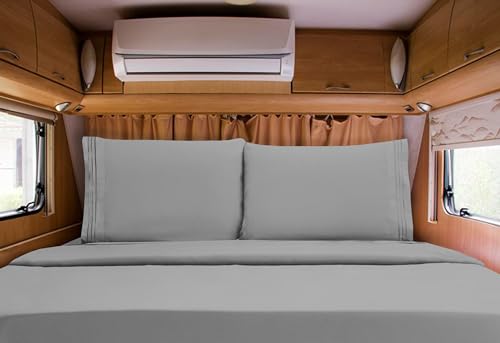 Elegant Comfort Luxurious 1500 Premium Hotel Quality Microfiber Three Line Embroidered Softest 4-Piece Bed Sheet Set, Wrinkle and Fade Resistant, RV Short Queen, Silver