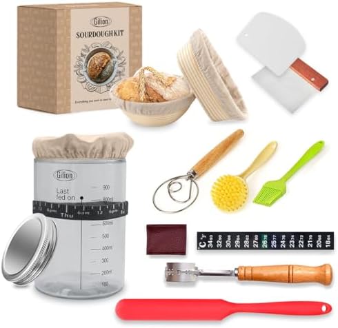 Sourdough Starter Kit, Set of 2 10 inch Banneton basket, Sour dough Baking Supplies with lame, dutch whisk, and 1000 mL sourdough starter fermentation jar