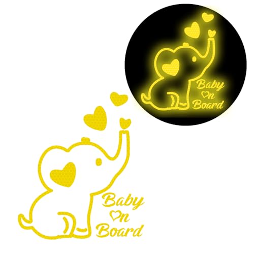 Image of High Intensity Reflective Baby on Board Car Decal Cartoon Cute Elephant Kids on Board Car Sticker Waterproof Safety Warning Decal Baby in Car Sticker (Yellow)