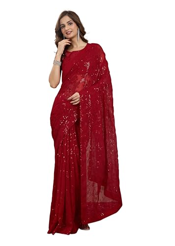 TRENDMALLS Women's Georgette Embroidery Sequence Saree with Unstitched Blouse Piece