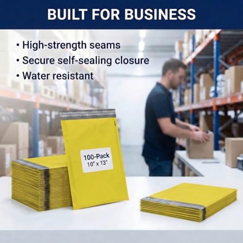 Image of BOX USA Shipping Bags 10 inch x 13 inch (100-Pack) Yellow - Heavy Duty Self-Adhesive Envelope Poly Mailers for Packing, Secure Shipping, & Small Business Mailing