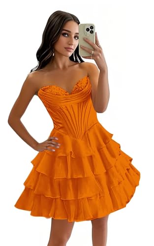 Strapless Homecoming Dresses for Teens Ruffle Chiffon A Line Prom Dress Short Corset Tiered Cocktail Party Dress