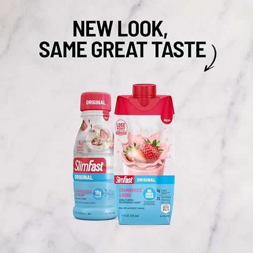 Image of SlimFast Meal Replacement Shake, Original Strawberries & Creme, No Added Sugar, Meal Replacement Shakes, 10g Ready to Drink Protein, 5g Fiber, 25 Vitamins and Minerals, 11 Fl. Oz, 12 Count