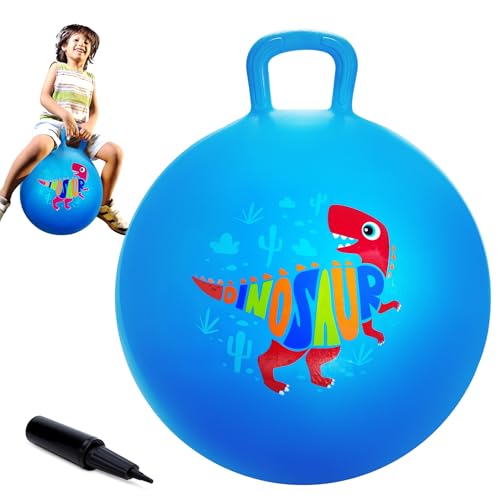 ZOOJOY Dinosaur Hopper Ball, 18 Inch Bouncy Ball with Handle for Kids Aged 3-8, Inflatable Jumping Toys for Boys Girls, Blue Hopping Toys with Pump