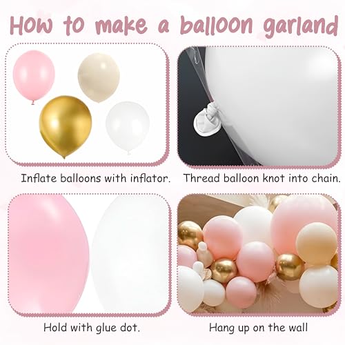 Image of Pink, White and Sand White Balloon Garland Arch Kit with Gold Chrome Balloons, 59 Pcs, for Birthday and Anniversary Decoration