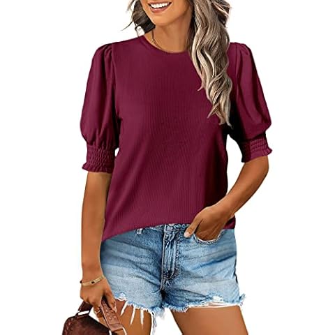 XuBa Womens Summer Top Crew Neck Tee Short Sleeve Tanks Casual Blouse Shirts Tops Burgundy Cover