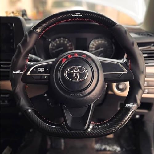 Image of Stitchable Carbon Fiber Steering Wheel Cover with Leather Protection - Universal Fit, Anti-Slip, Comfortable Grip, Durable & Stylish for Cars - Easy Install with Red Stich