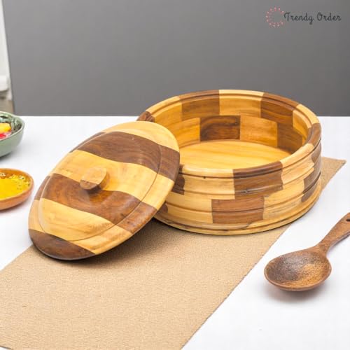 Image of Casserole for Roti /Chapati | 9 Inch Chess Design Roti Box with Lid | Premium Wooden Roti Dabba for Kitchen & Dining Two-Tone Brown