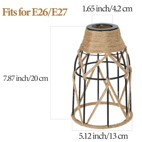 Image of 1 Pack Industrial Hemp Rope Pendant Lamp Shade, Small Vintage Boho Hanging Light Shades, Mini Rustic Metal Cage Lampshade for E27 Chandelier Wall Sconces Ceiling Hanging Pendant Light Fixture