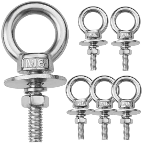 Image of 6 Pack M6 Stainless Steel Eye Bolts with Nuts, 1 /4 inch x 1 inch Eye Bolts | 304 Stainless Steel Eye Bolt,Eye Bolts Heavy Duty for Hang Tie Down Outdoor,m6 eye bolt,Long Lifting Ring Eye Bolt