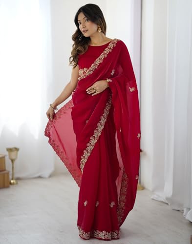 Image of SIRIL Women's Tissue Silk Sequence Embroidery Saree with Unstitched Blouse Piece