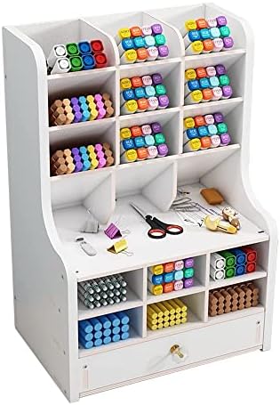 Updated Wooden Pen Organizer with Drawer, DIY Pencil Holder Desk Tidy Caddy Office Stationery Desktop Art Supply Organizer for Home Office Supplies(JB16-2 White)