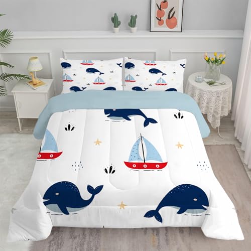 Bettdecke 135x200 4 Jahreszeiten, Blauer Delphin Vierjahreszeiten Steppdecke 135x200, Warme Ganzjahresdecke Weißes Segelboot Junge Bettdecke ohne Bezug Waschbar Schlafdecke mit 2 Kissenbezug 80x80cm