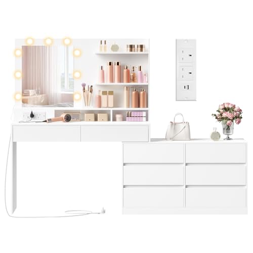 Vasagle Kailyn Collection - Dressing Table With Led Lighted Mirror And Power Outlets, Modern Vanity Table With 9 Bulbs, 8 Drawers, 3 Shleves, 3 Colours, Straight Or L Shaped, Cloud White RDT140WB02 - 2