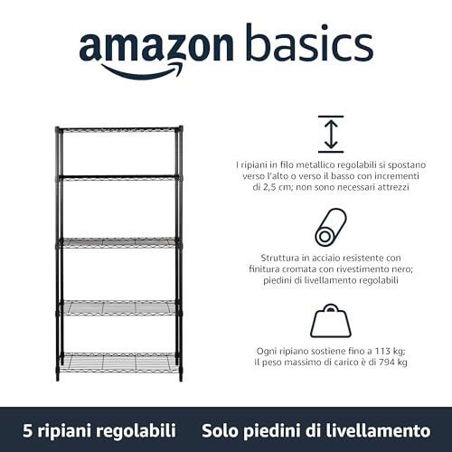 Amazon Basics Scaffaliera a 5 ripiani, altezza dei ripiani e piedini di livellamento regolabili, peso massimo 795 kg, Nero, 36 x 91 x 183 cm (D x W x H) - Immagine 1