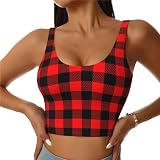 Red Black Buffalo Checkered Plaid Sports Bras for Women Removable Padded Yoga Tank Tops Sleeveless Fitness Workout Running Crop Tops